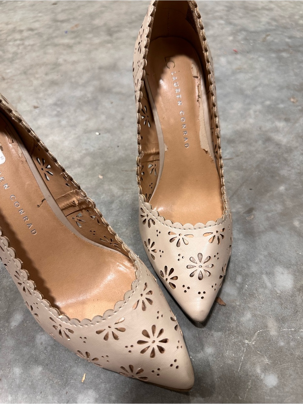 LC Lauren Conrad Nude Laser-Cut Pointed Toe Pumps